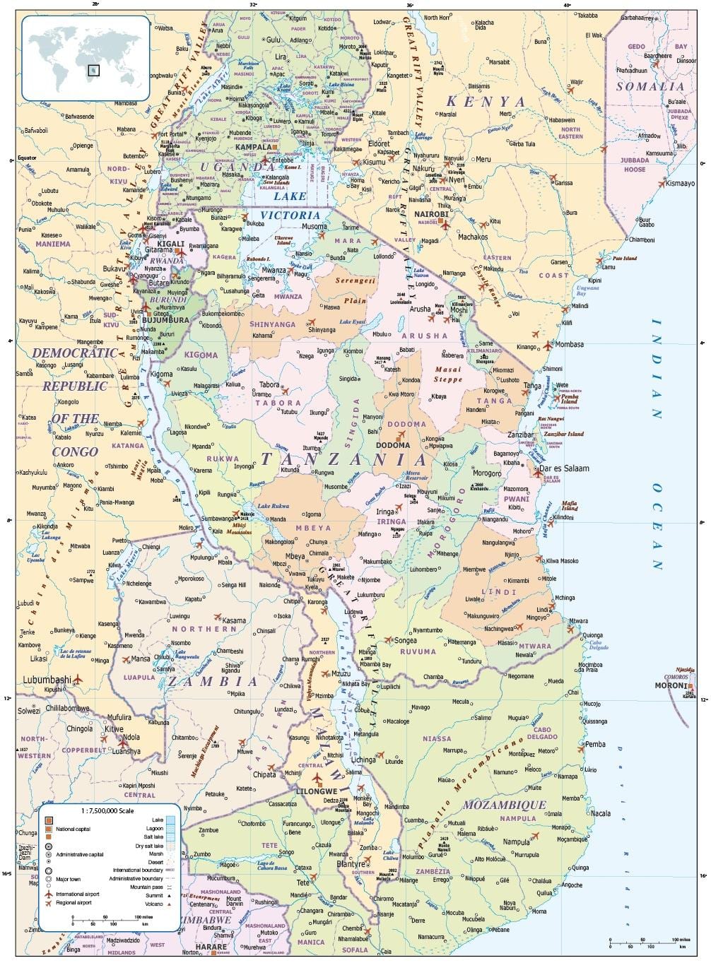 નકશો તાંઝાનિયા અને આસપાસના દેશોમાં