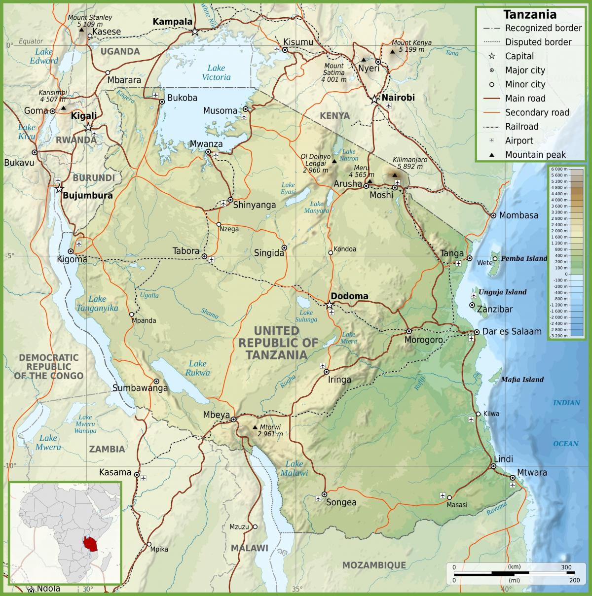 તાંઝાનિયા માર્ગ નકશો સાથે કિલોમીટર