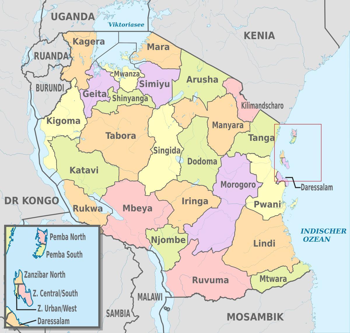 નકશો તાંઝાનિયા દર્શાવે વિસ્તારો અને જિલ્લાના