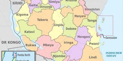 નકશો તાંઝાનિયા દર્શાવે વિસ્તારો અને જિલ્લાના